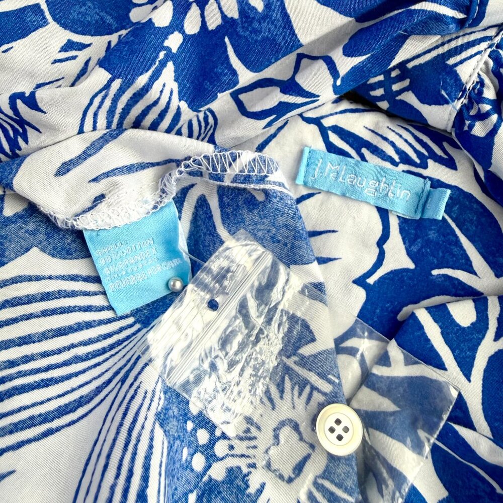 J. McLaughlin Cotton Dress Blue White Floral Crop Sleeve Resort (L) - Picture 7 of 10